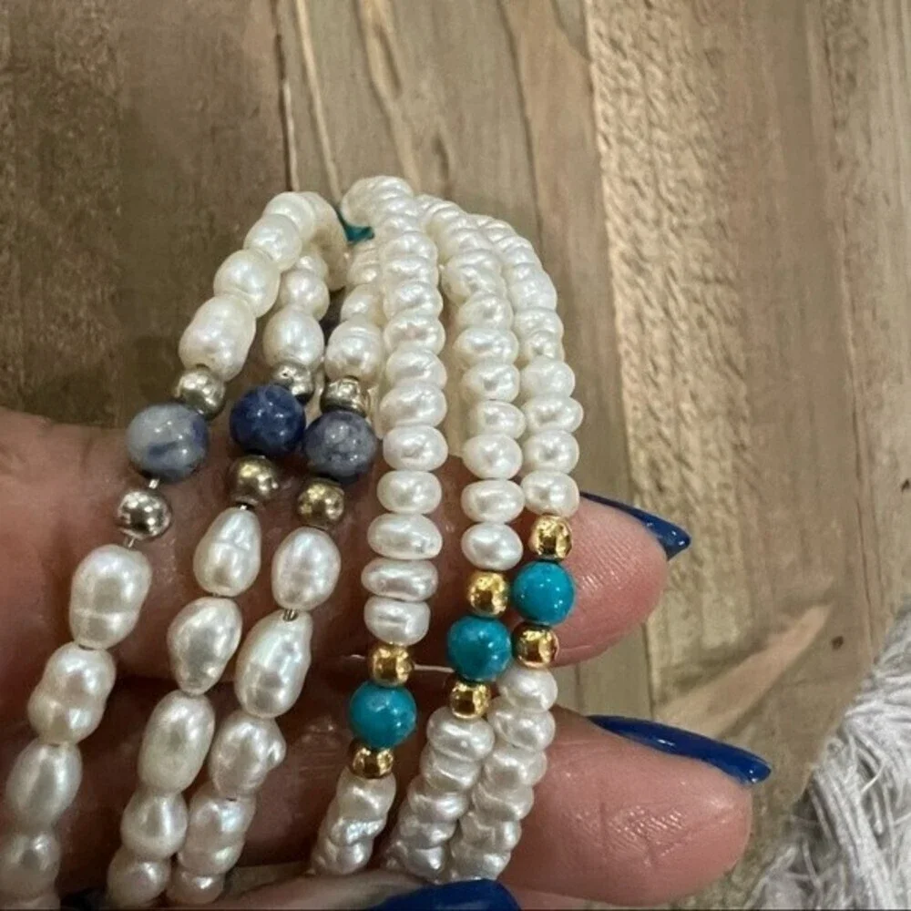 Two Freshwater Pearl Gemstone Memory Wire Bracelet